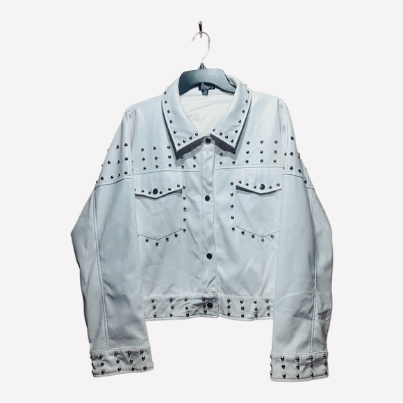 Glitzy Vegan White Leather Studded Women's Biker Jacket Sz 3XL - Picture 1 of 5
